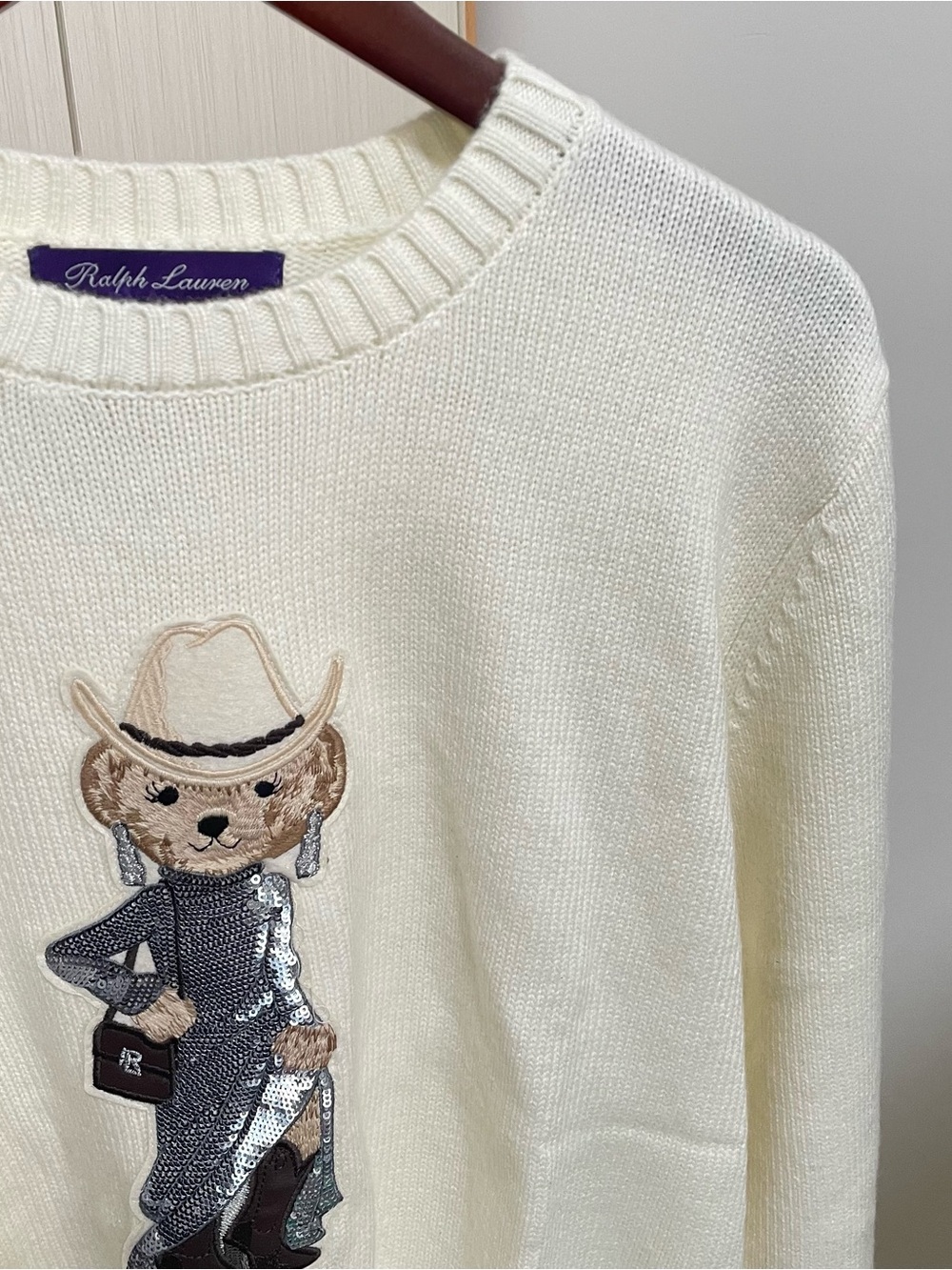 Ralph Lauren Ivory Crewneck Sweater with Embroidered Bear - Picture 3 of 7